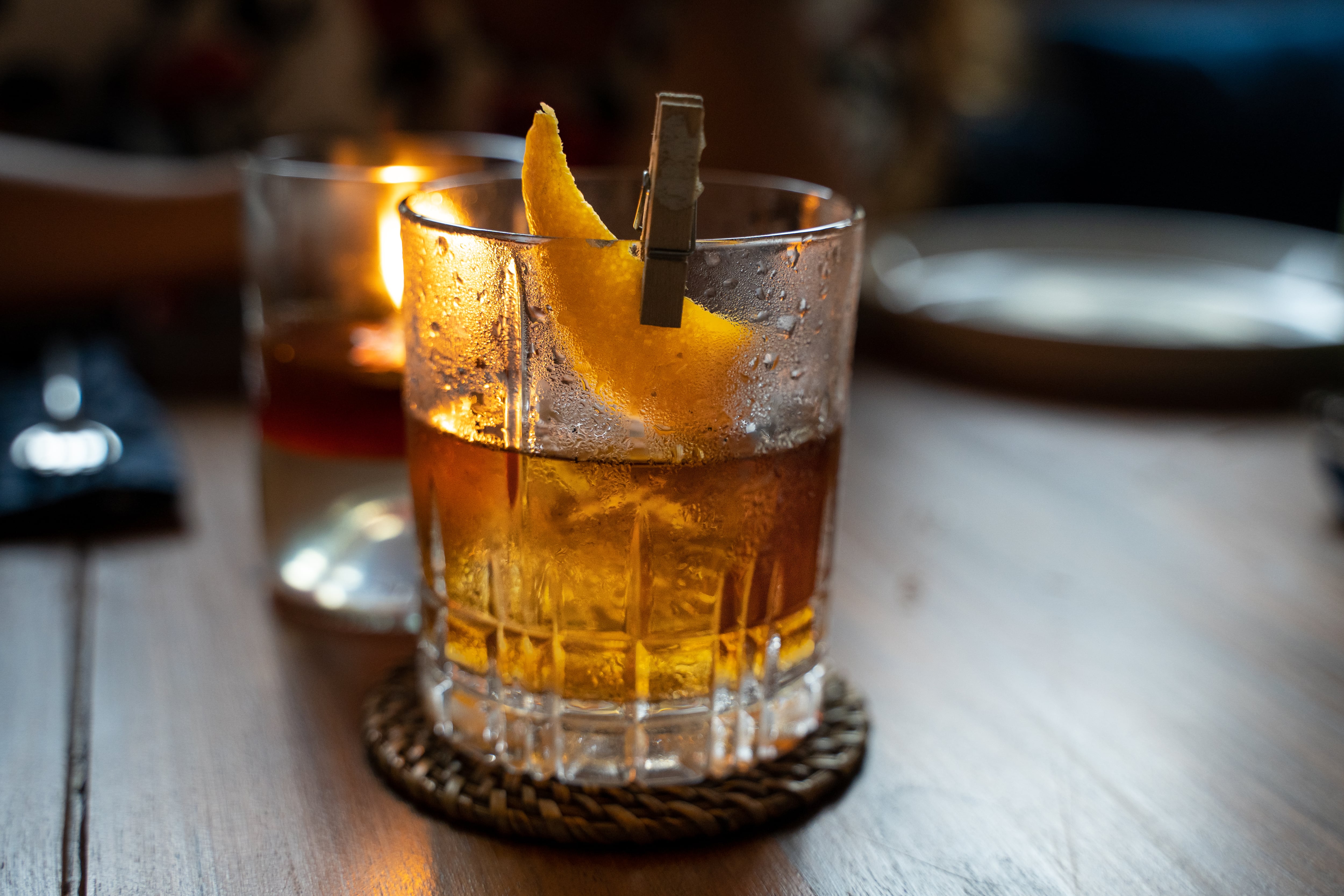 Old fashioned cocktail served in a whiskey glass at the restaurant.