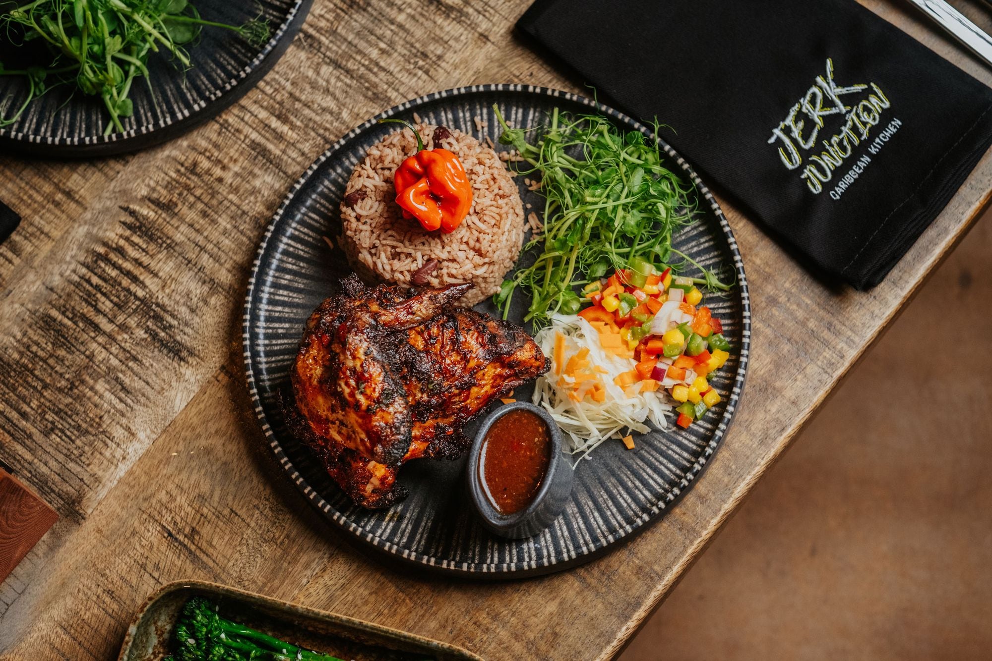 A plate of Caribbean food from Jerk Junction