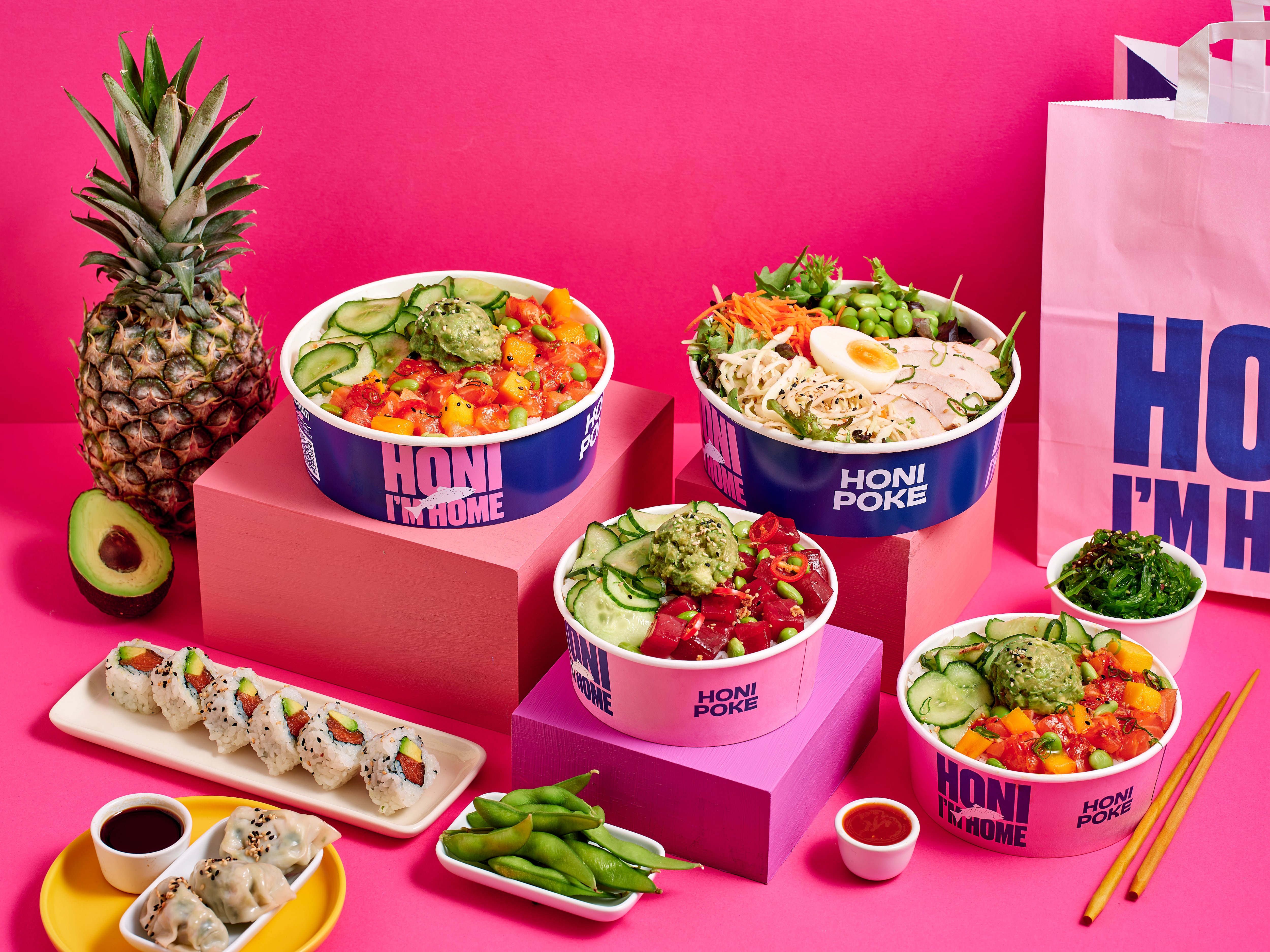 A range of poke bowls at Honi Poke