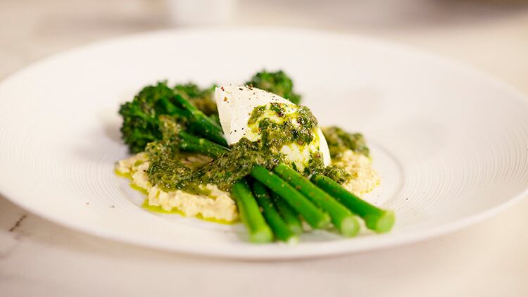 Recipe: Tenderstem® broccoli with chickpeas, salsa verde and créme fraíche