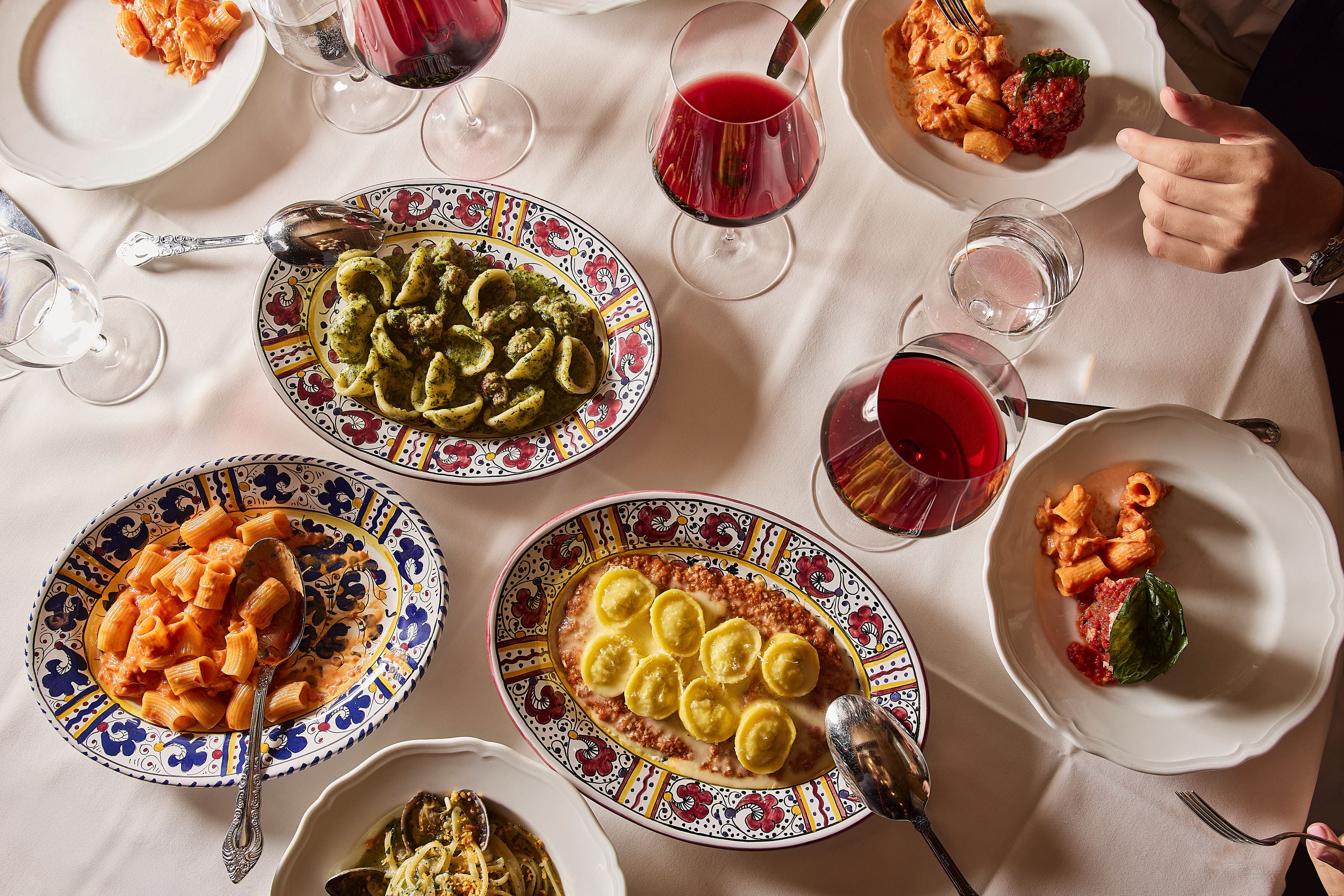 An overhead of pasta dishes at Carbone Mayfair