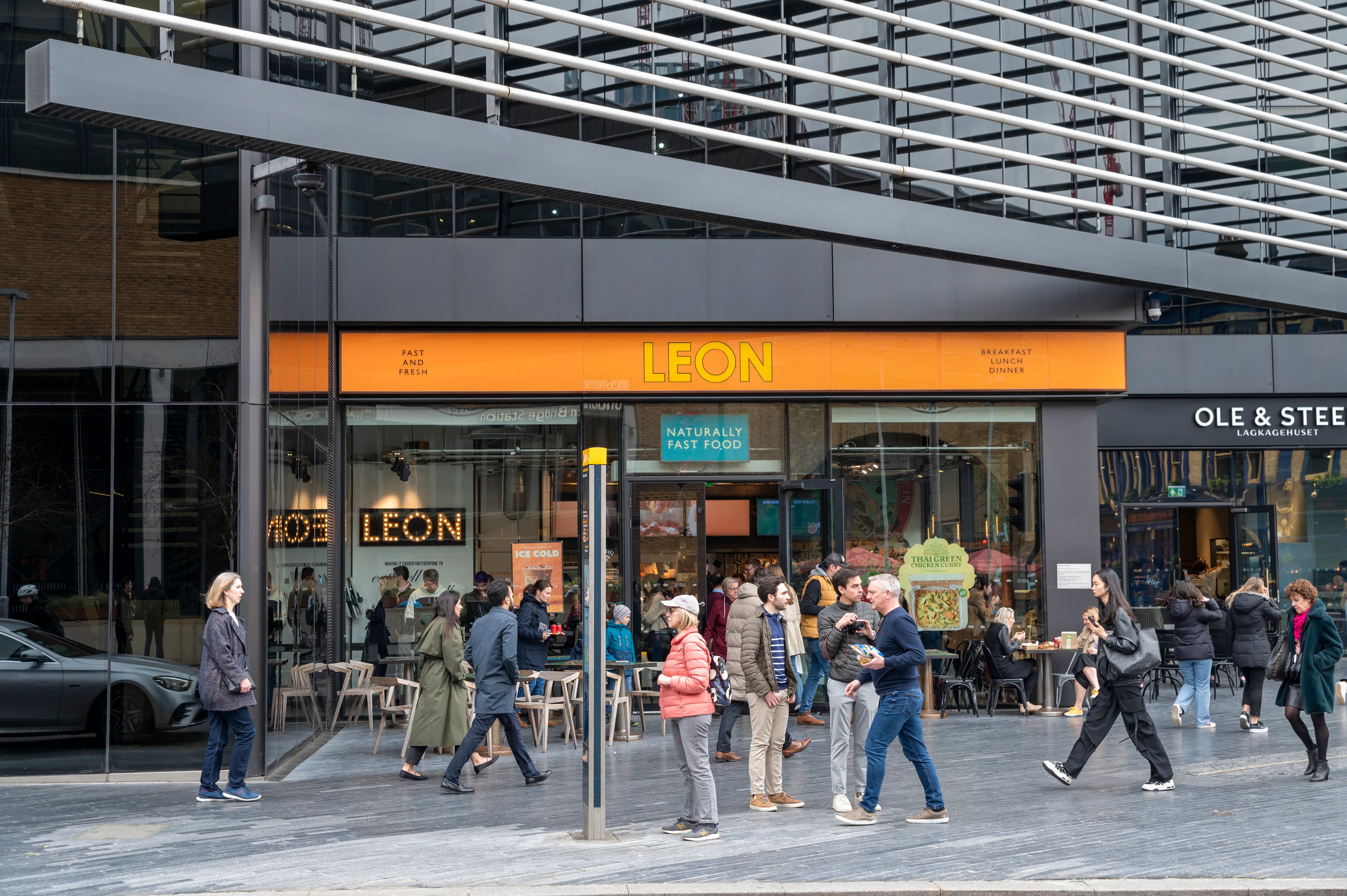London, UK - March 21, 2024 : Front view of the Leon restaurant, a fast food chain based in the United Kingdom owned by EG Group. London. UK.