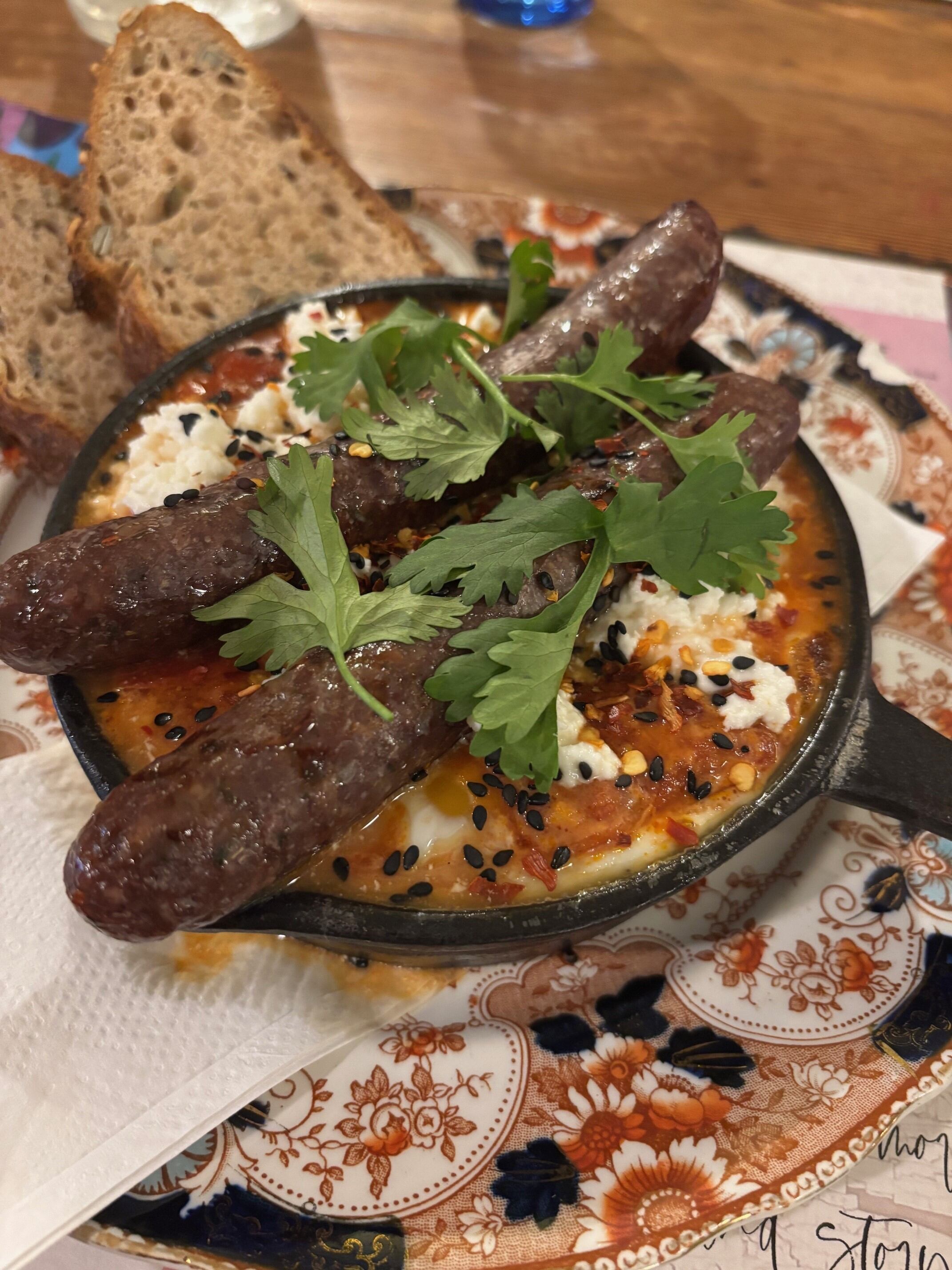 Shakshuka with wild venison sausages