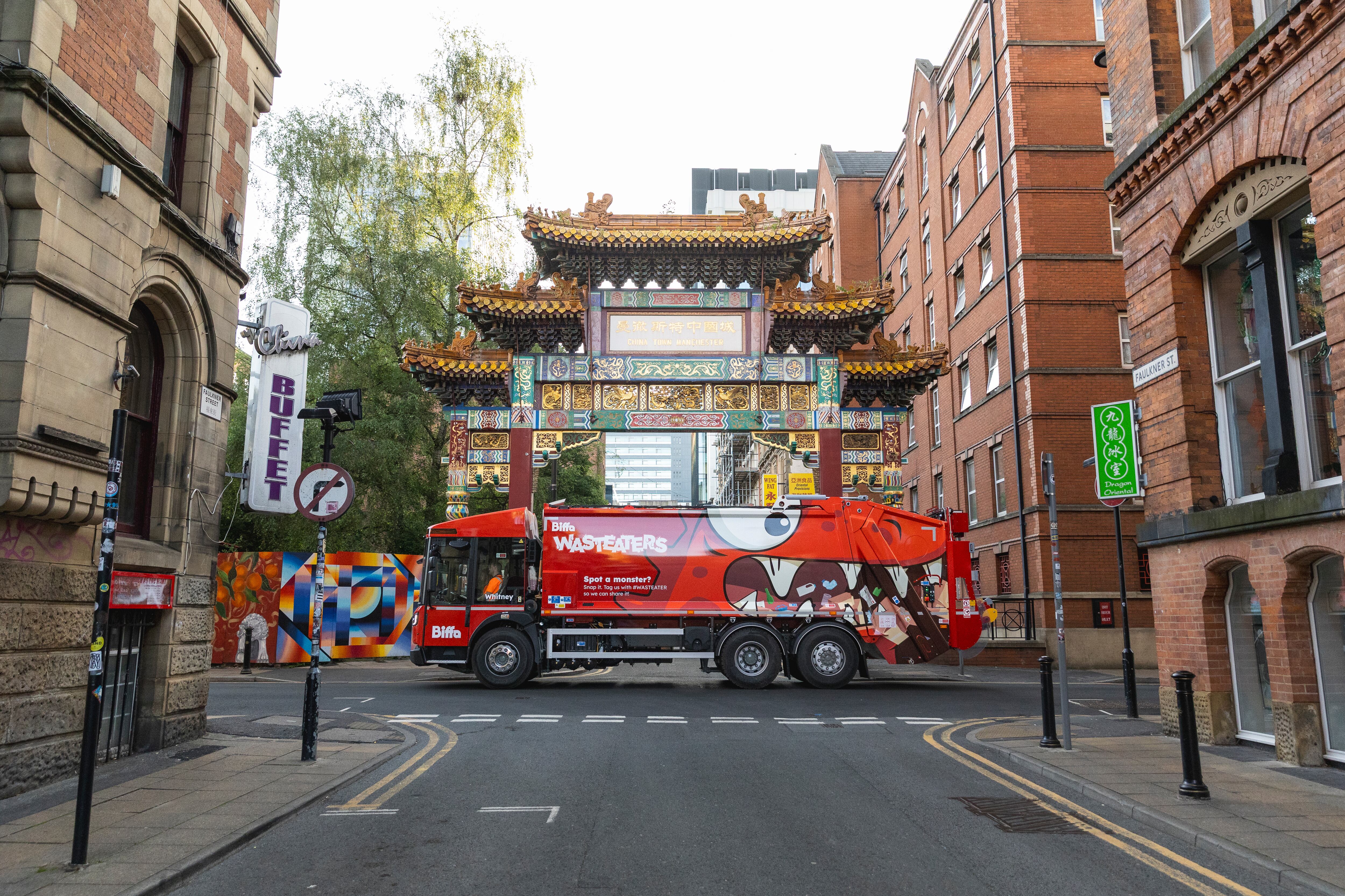 A Biffa collection truck in Chinatown