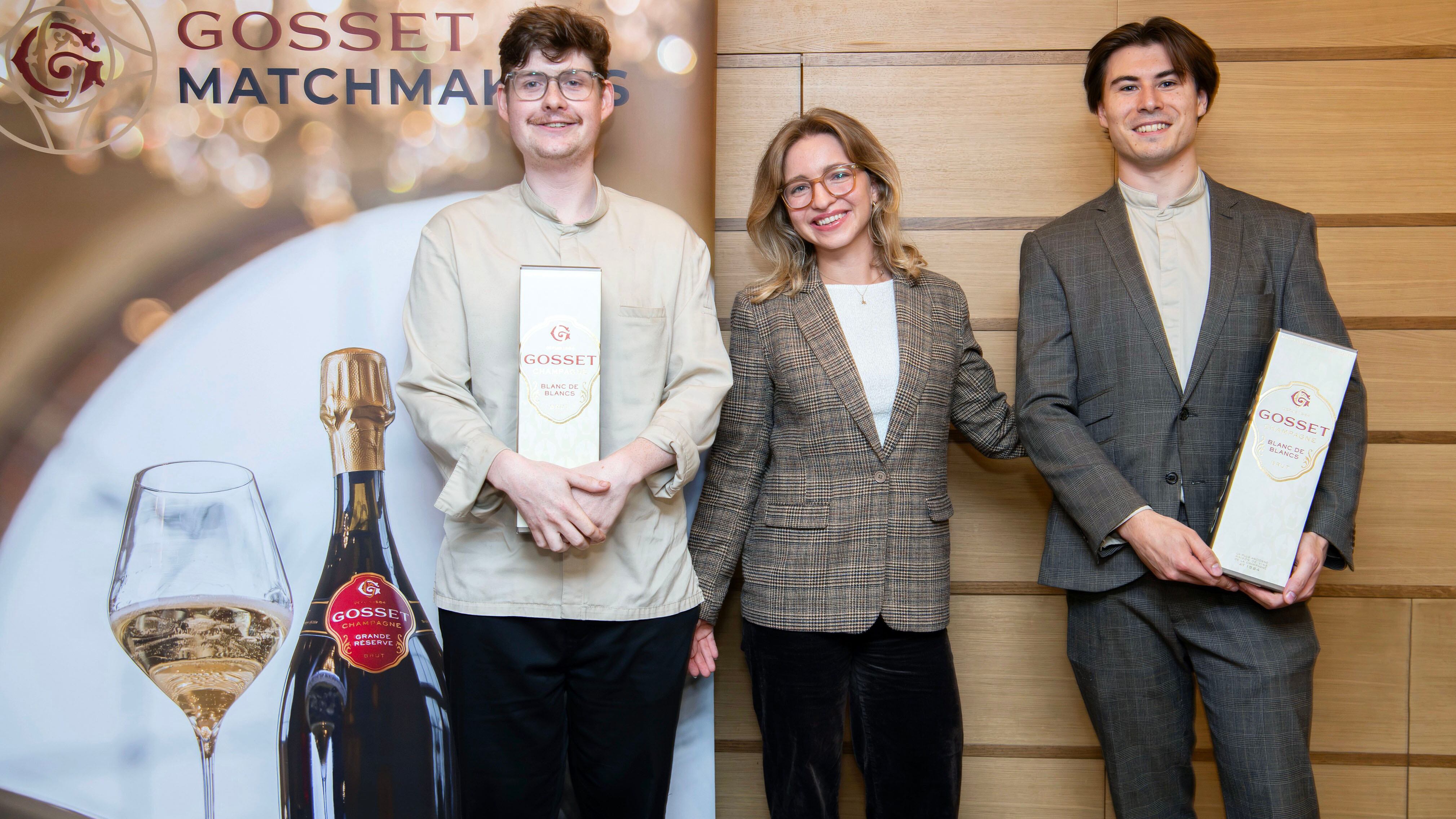 Chef Tadhg McCabe, Champagne Gosset senior brand manager Kathryn Cumming and sommelier Jack Stalker