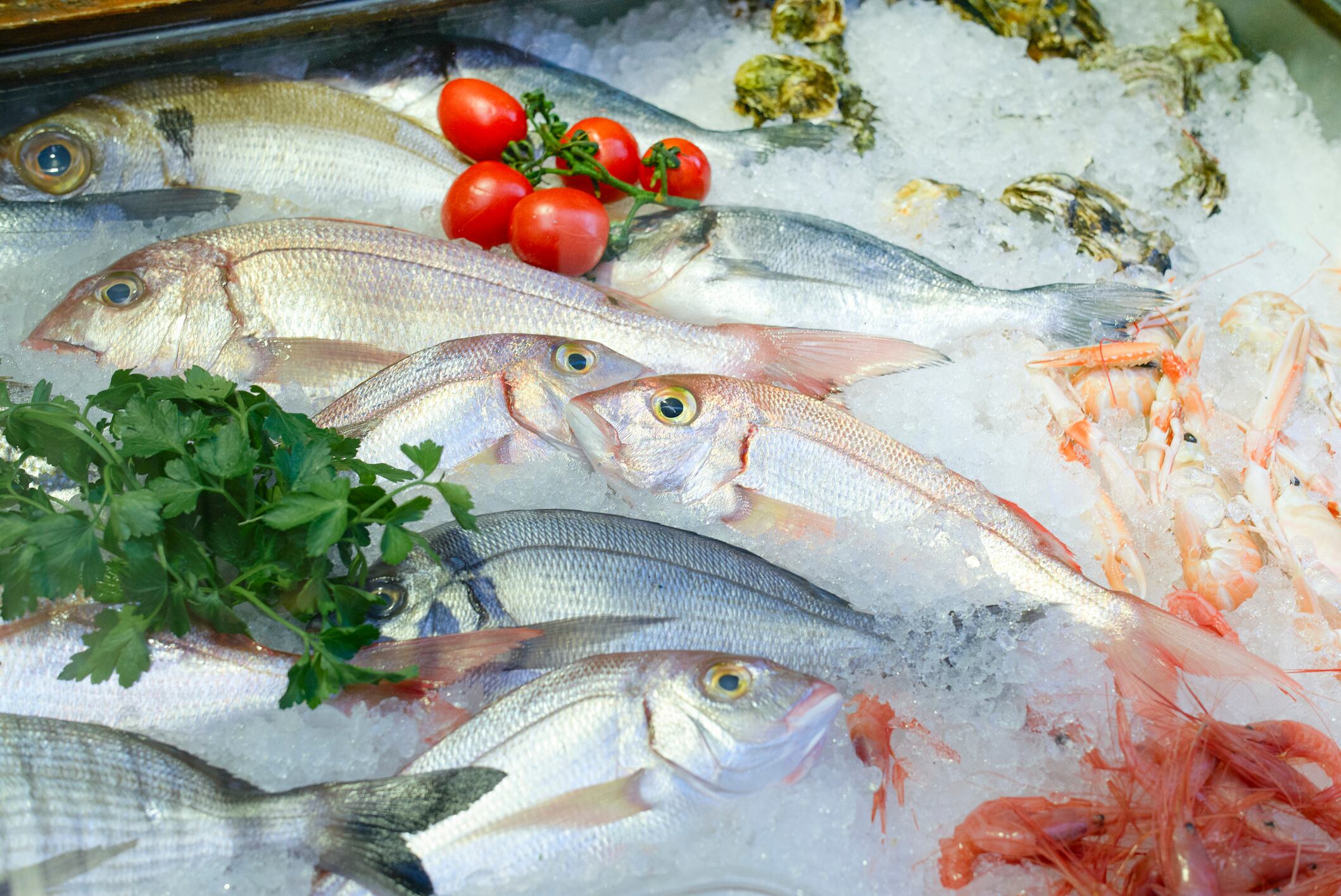 Fresh fish and seafood displayed on ice with tomatoes and herbs as garnish. Sicily, Italy