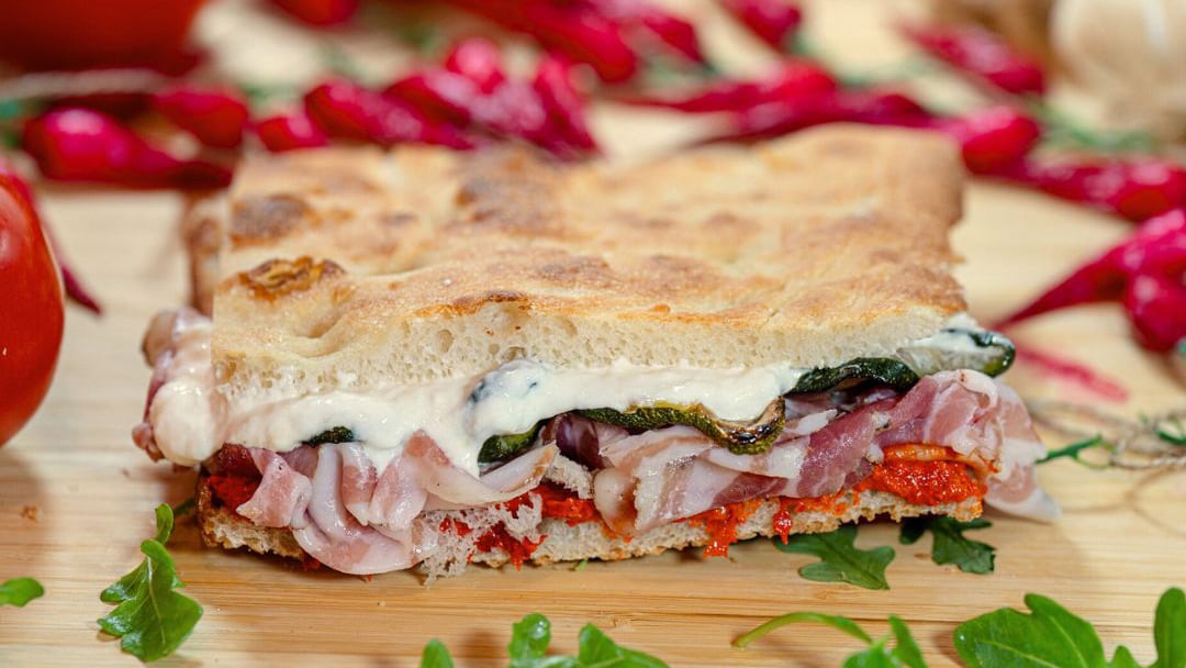 Dal Fiorentino's Machiavelli sandwich with Tuscan pancetta, stracciatella cheese, nduja cream and grilled courgettes