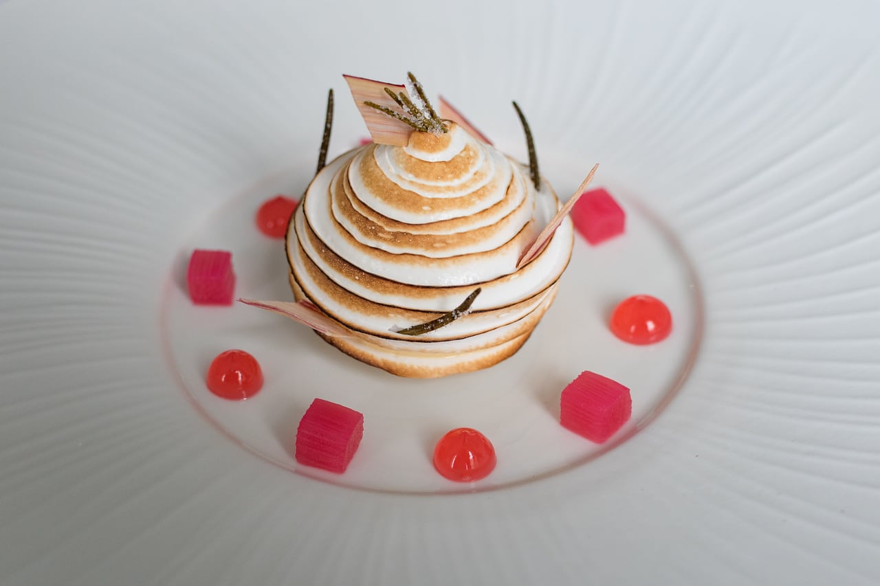 Sweet pineapple parfait, fennel sorbet, pineapple and fennel pollen meringue