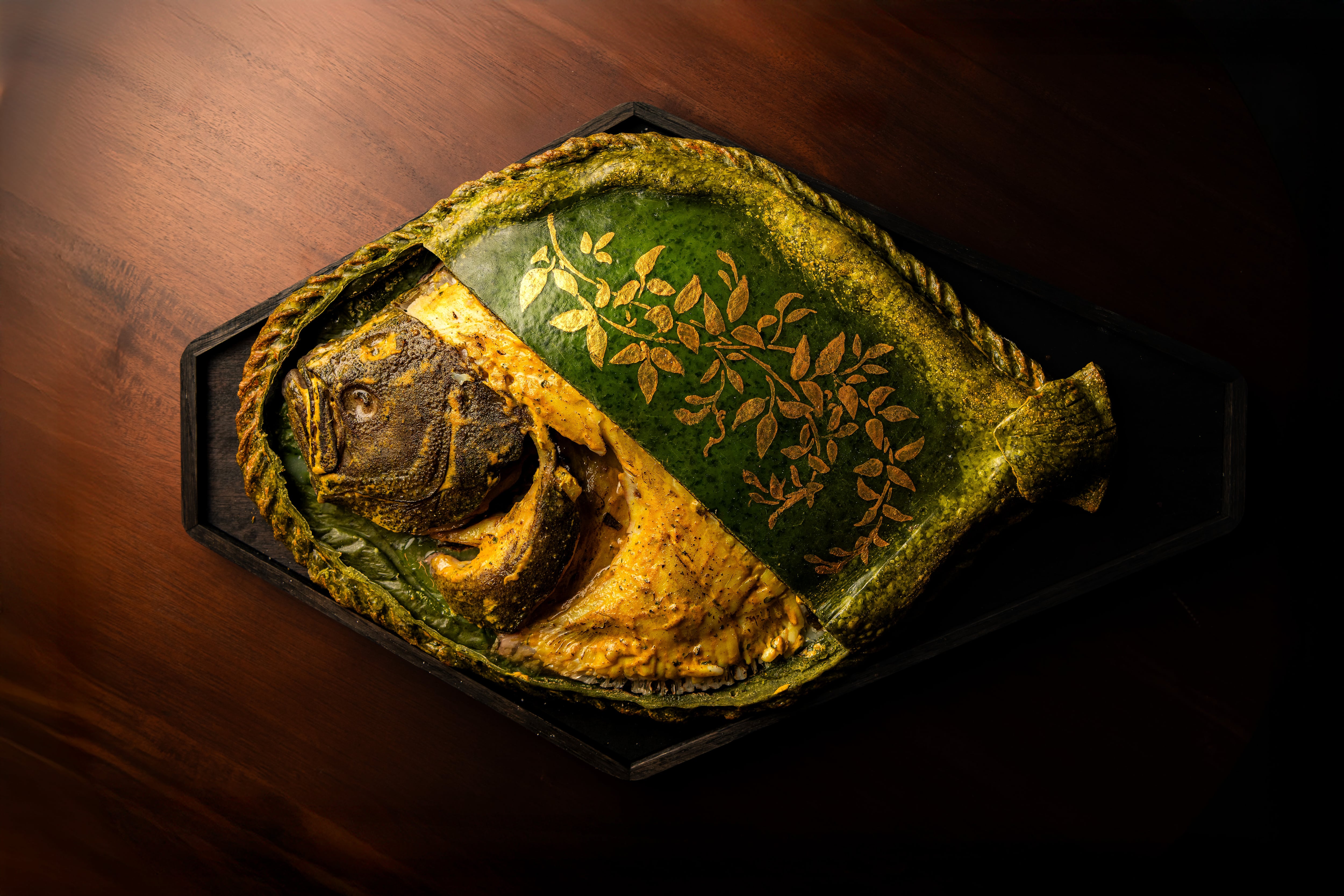 Whole turbot slow-cooked in spiced ghee with brown shrimp and saalan