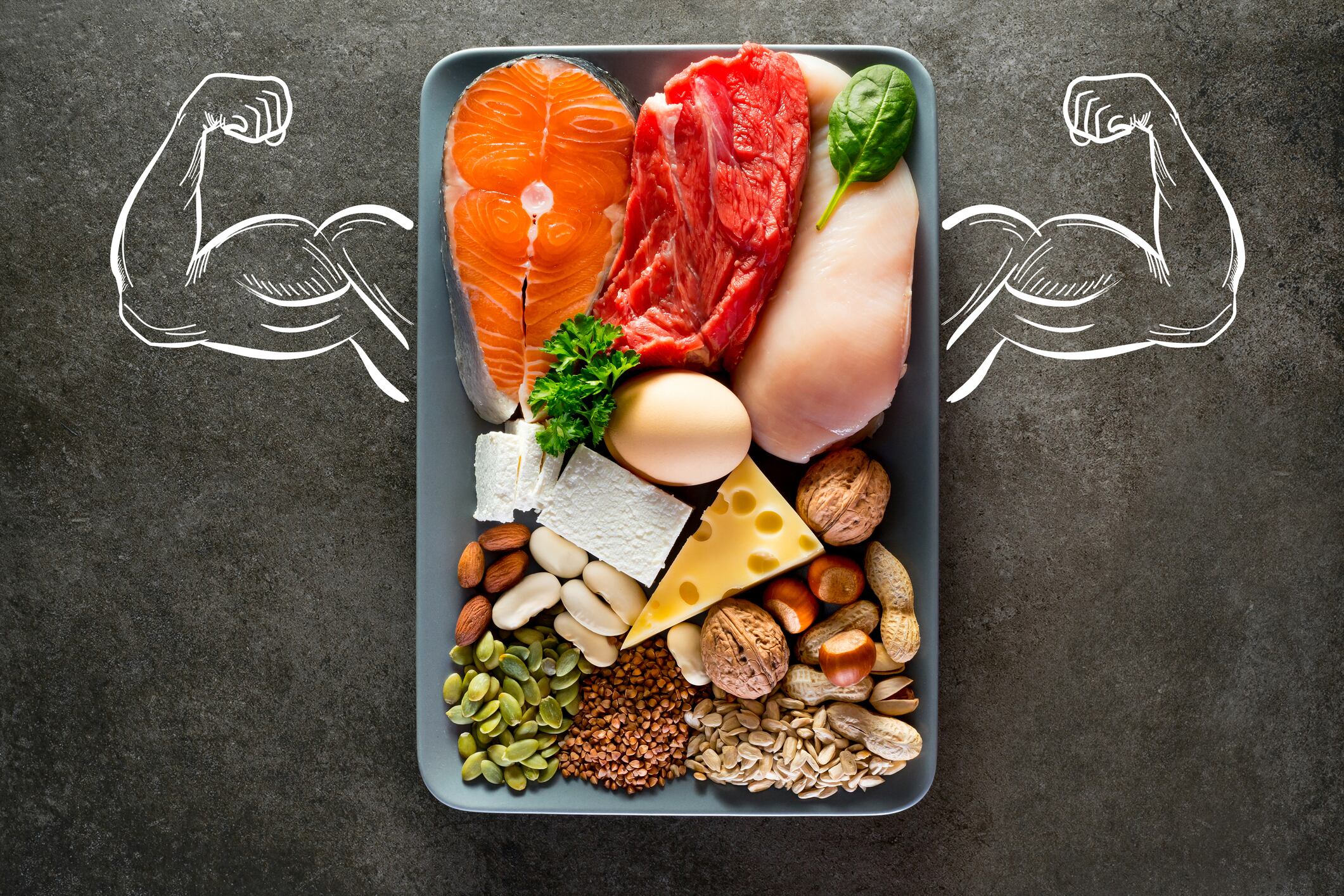Sources of protein. High protein food for bodybuilders as fish, beef, chicken breast, dairy, eggs, buckwheat, nuts, bean, pumpkin seed, sunflower seed.