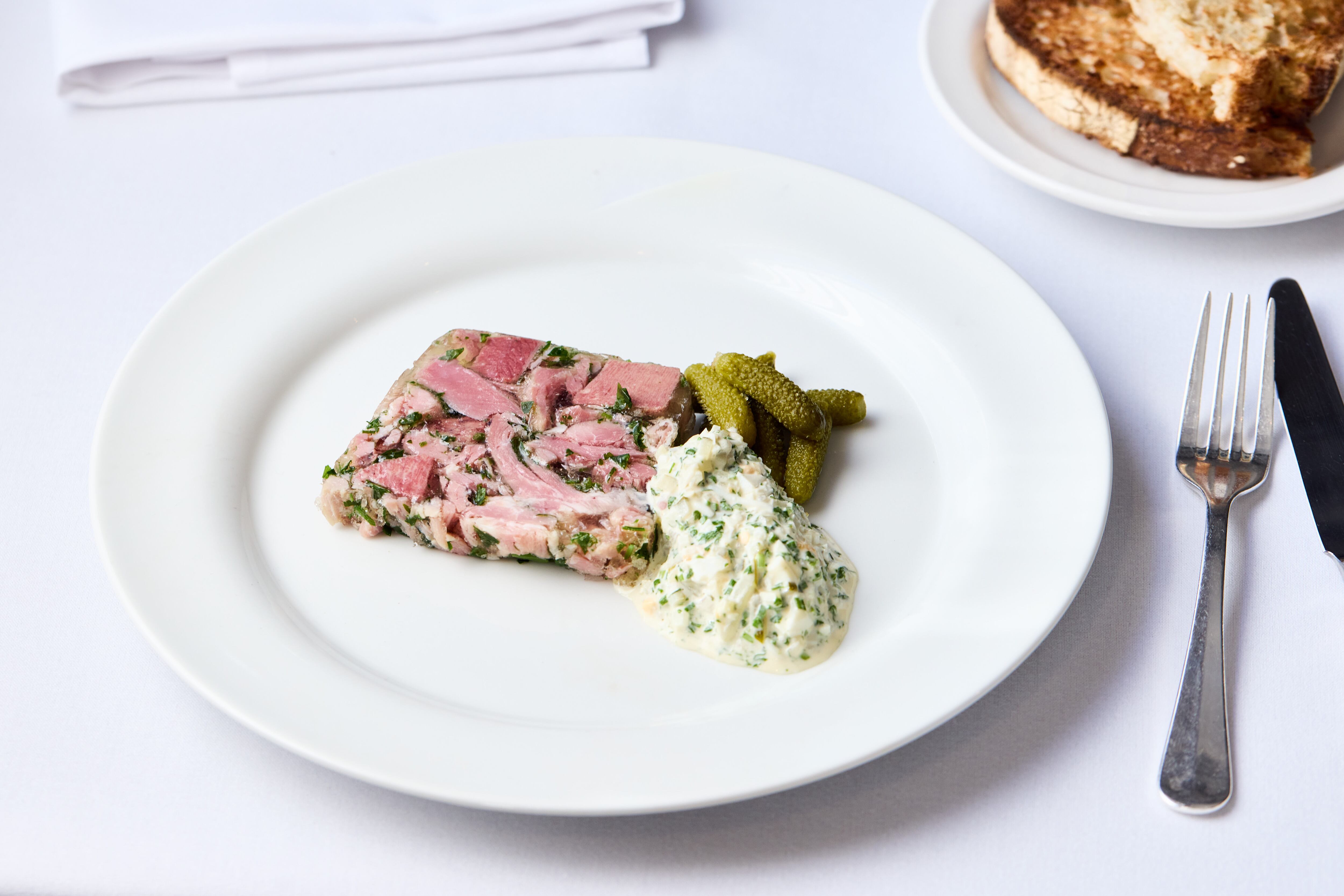 Harry's terrine de campagne aux pistaches with cornichons