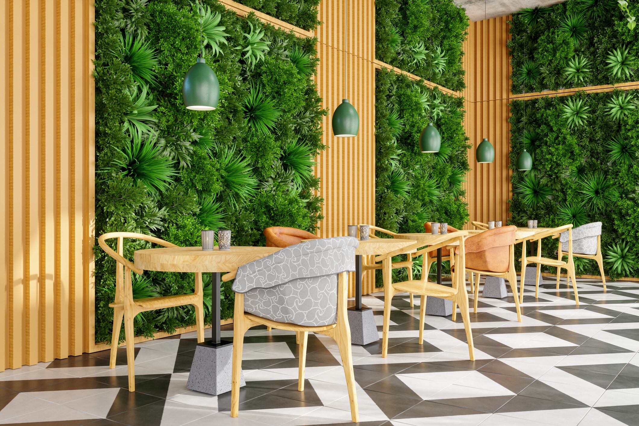Modern Cafe Interior With Wooden Table, Chairs And Vertical Garden. Eco-Friendly Cafe With Creeper Plant On The Wall