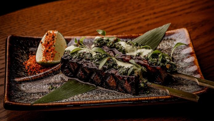 A5 Wagyu Ishiyaki Kagoshima Wagyu, Himalayan Stone, Garlic Ponzu, Asian Leaves