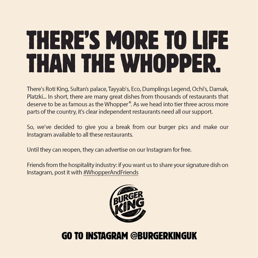 Burger King offers to support small restaurants via its social channels
