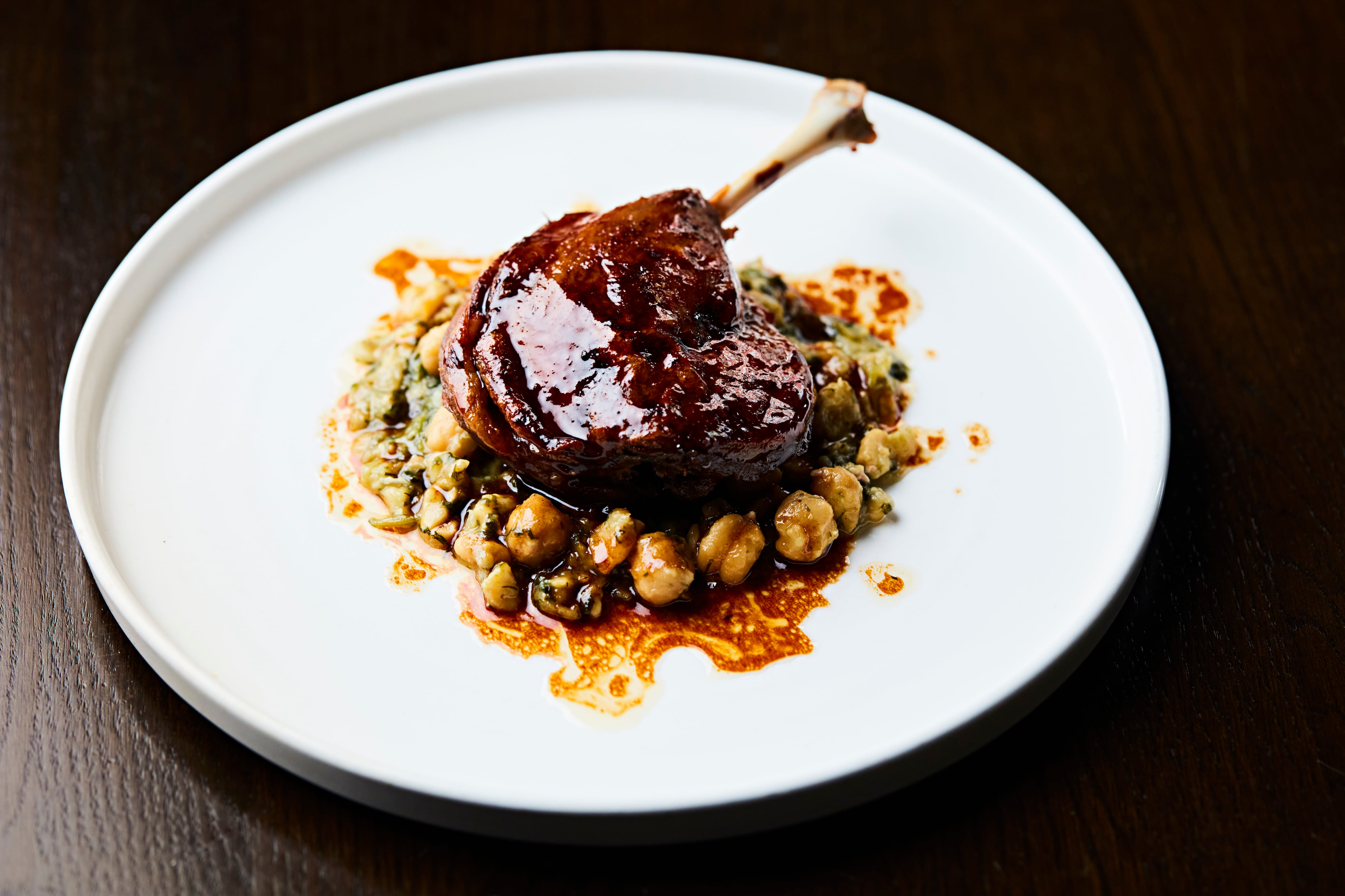 Crisp slow cooked duck ‘confit’, spinach, chickpeas, wild oregano