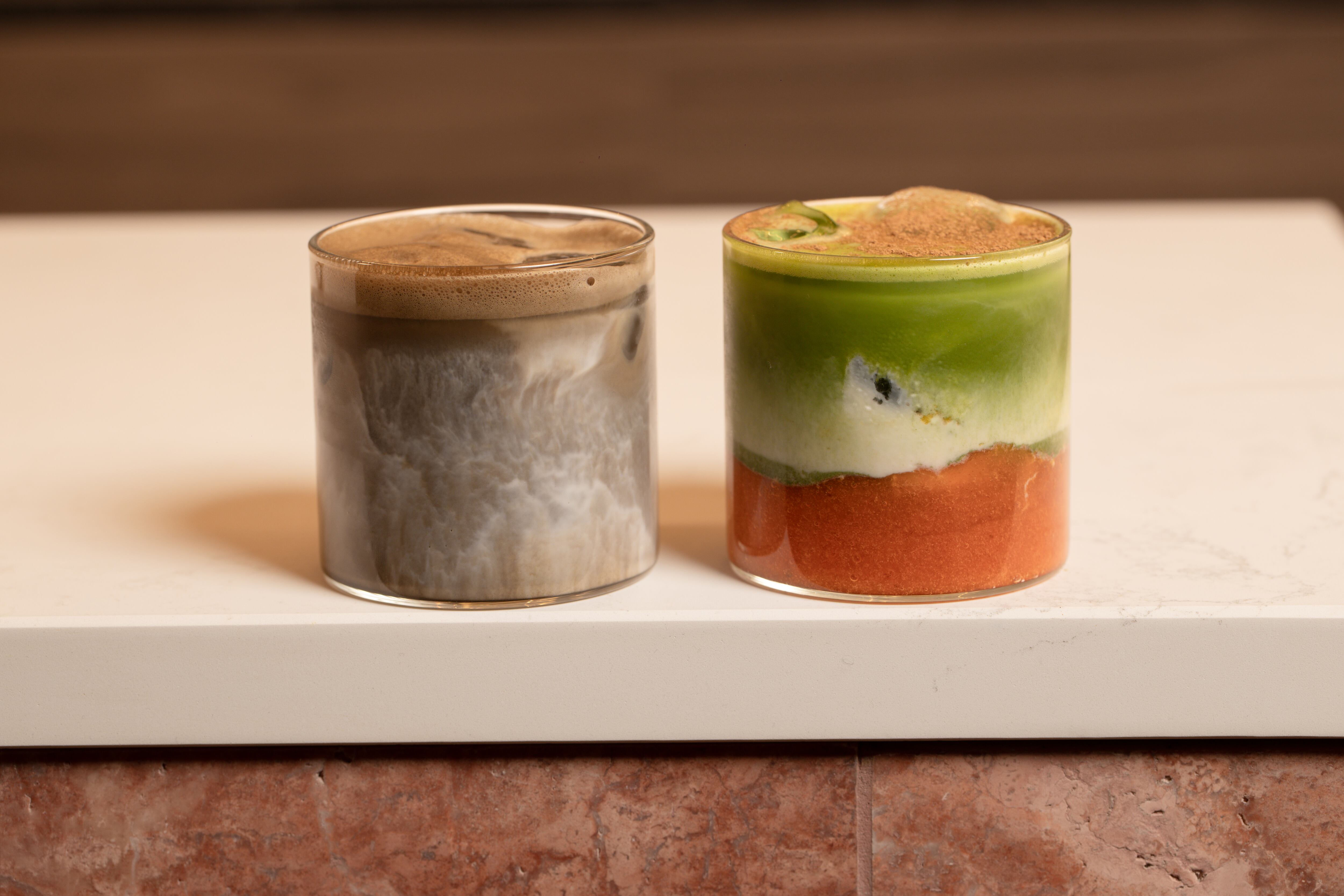 Two glasses of Korean matcha