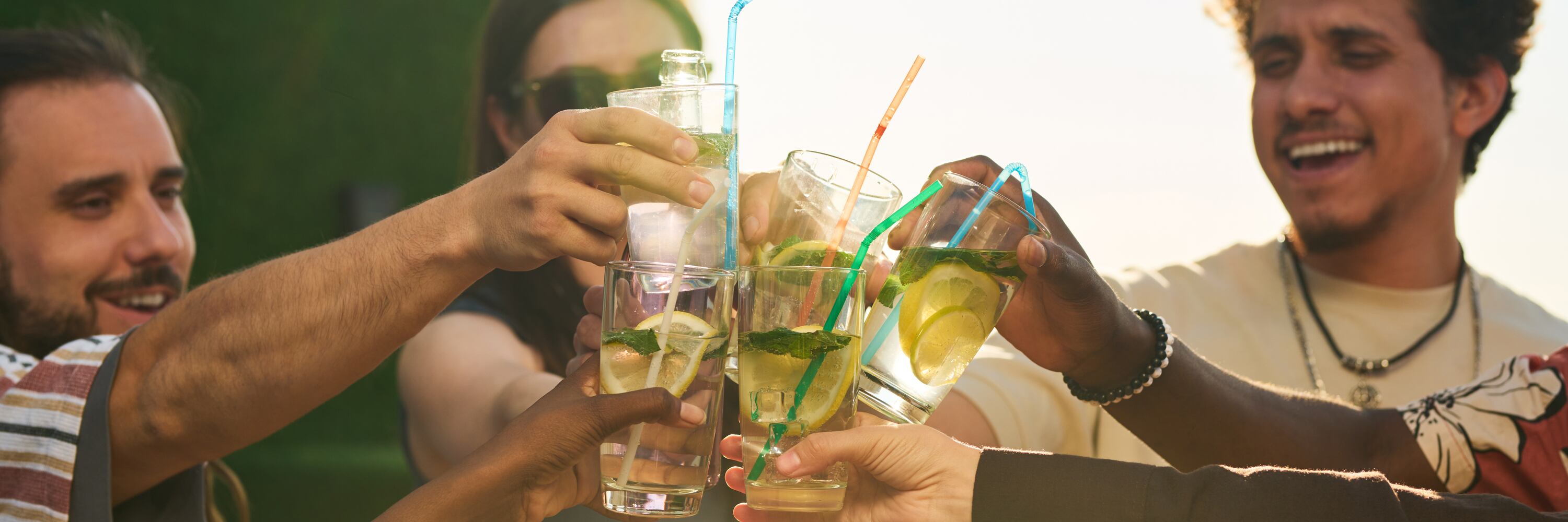Group of young adult friends toasting with refreshing lemonade cocktails during party.