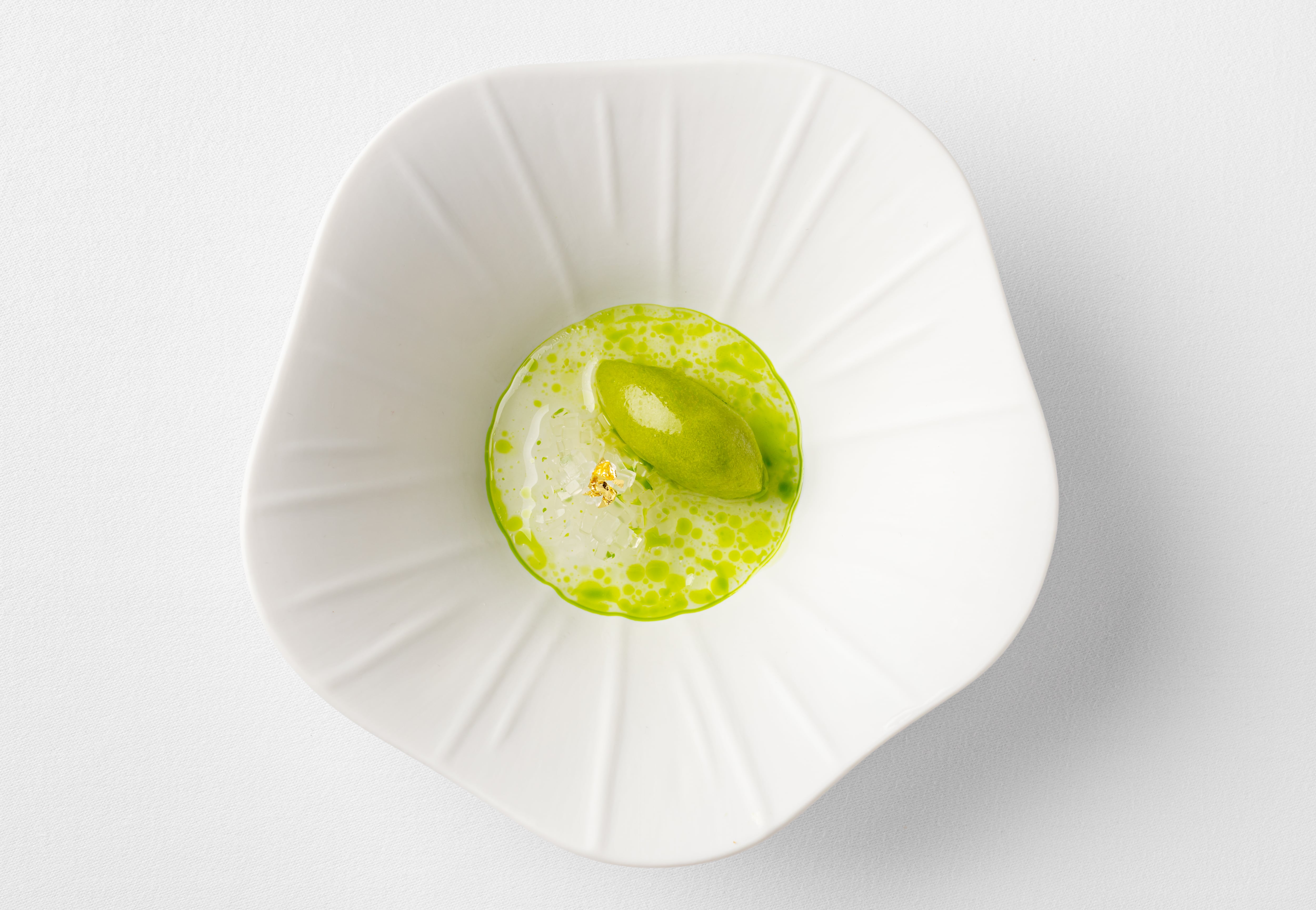 Lovage sorbet atop galanga-infused jelly and Chartreuse