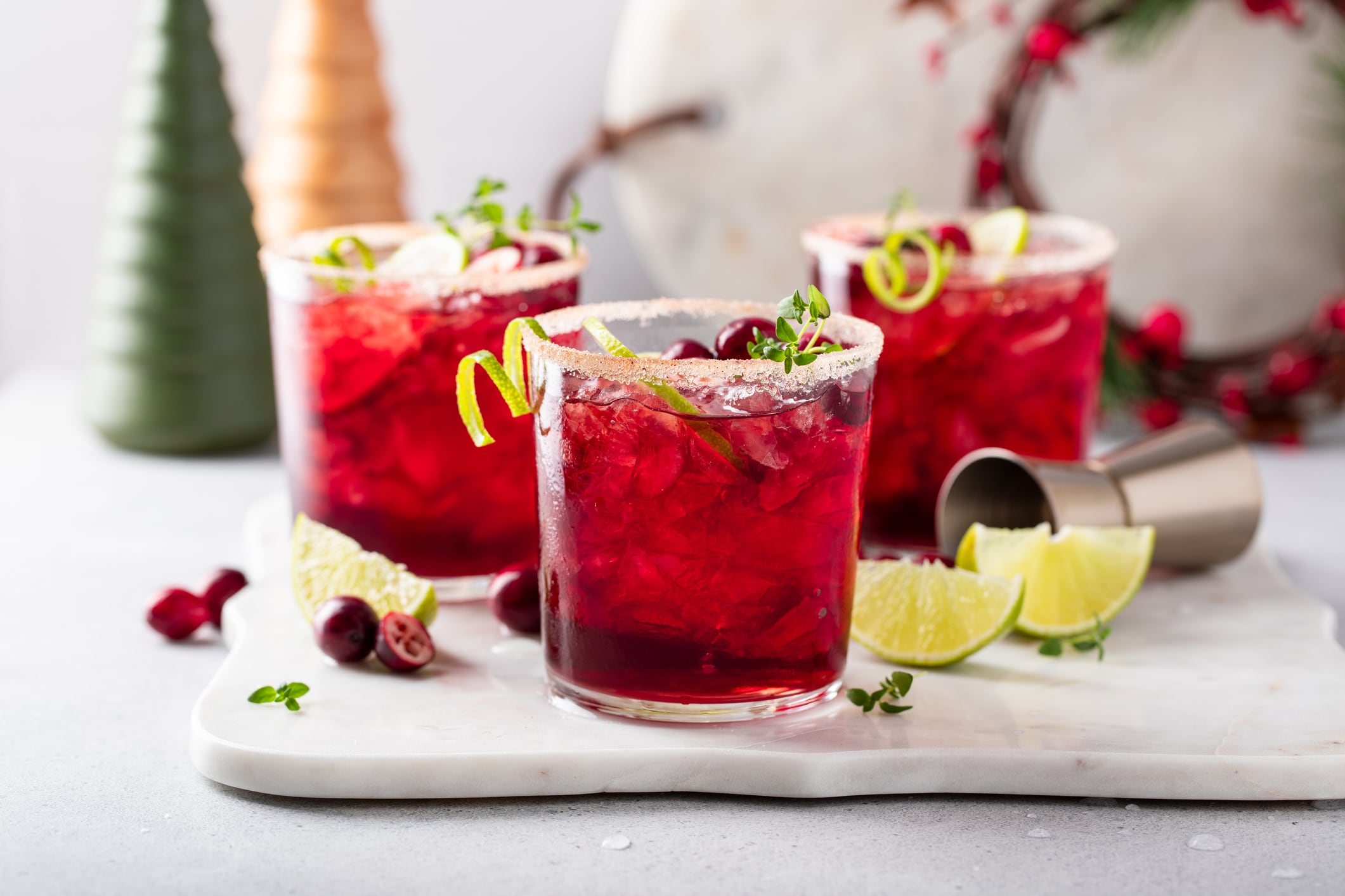 Cranberry and lime margarita cocktail or mocktail, refreshing winter drink for Christmas