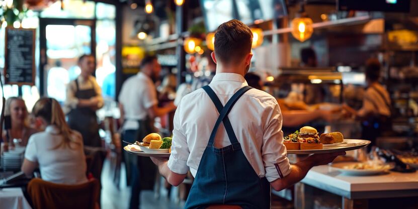 Happy redhead waitress serving customers in a restaurant and bringing food at their table.