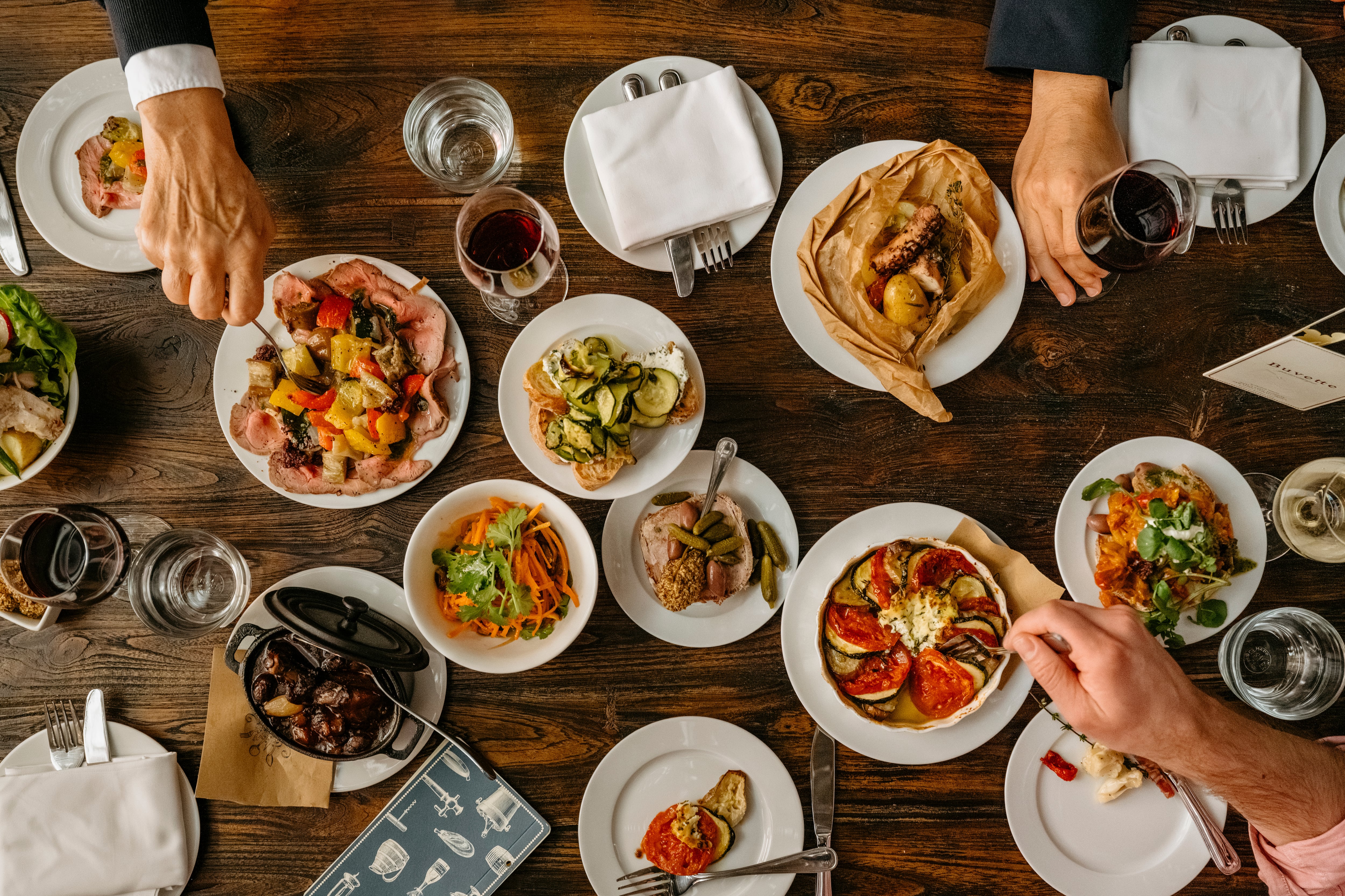Dishes on a table from Buvette