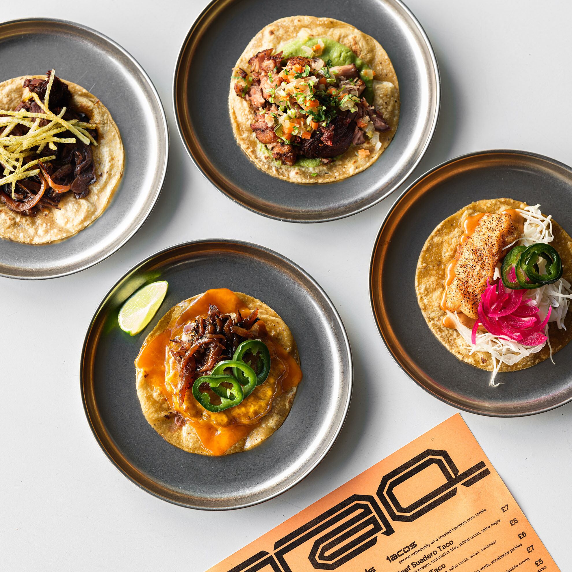 Served individually on heirloom corn tortillas, TAQ's tacos range from £5 to £10