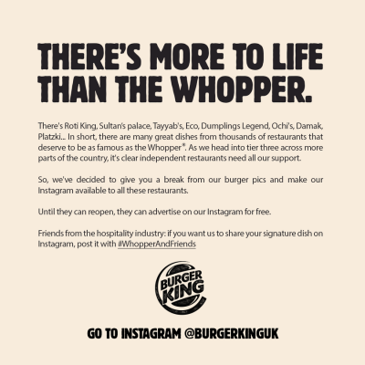 Burger King offers to support small restaurants via its social channels 